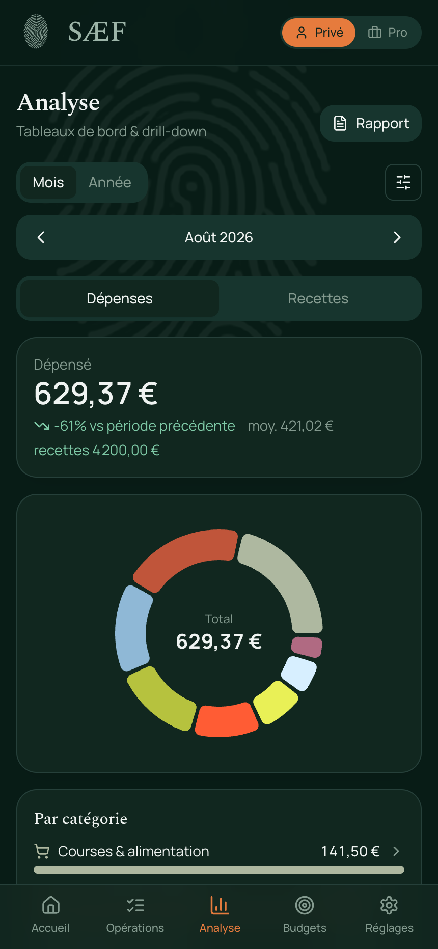 Analyse SÆF — répartition des dépenses par catégorie